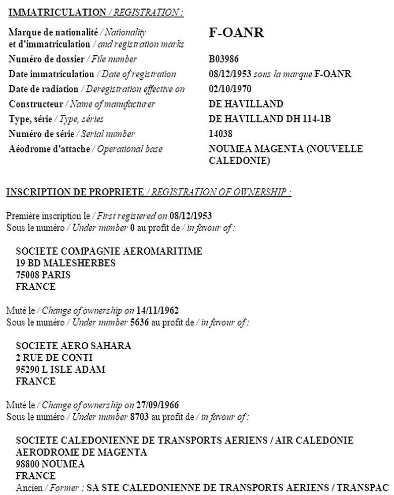 La carte d’identité du « Héron de Saint-Louis ». Enregistré en décembre 1953, il est ensuite vendu en 1962 à Aéro- Sahara, avant d’être racheté par la Transpac en 1966.