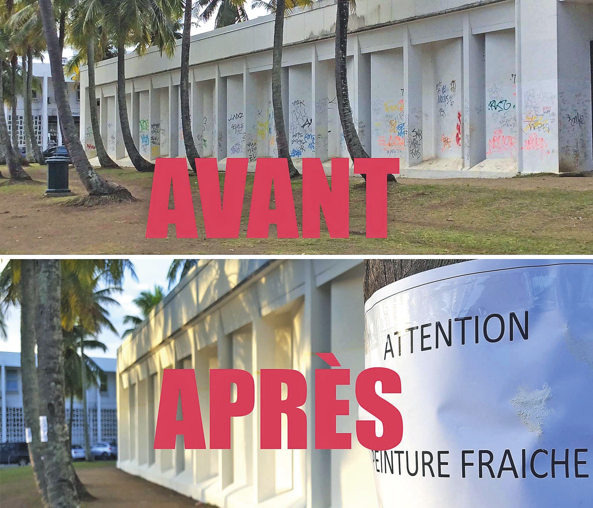 En haut, le mur du musée tagué avant que ne commence le chantier d’insertion. Depuis, le mur est redevenu tout blanc.