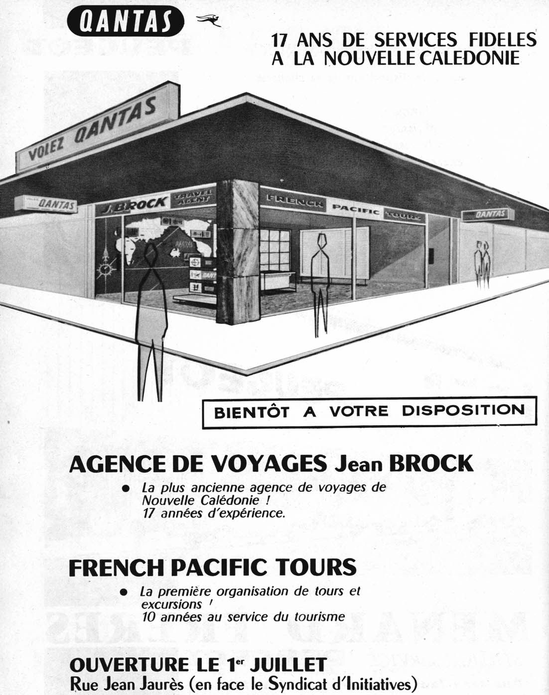 Affiche de 1965 pour l’agence de voyages Brock, annonçant l’ouverture d’un complexe dédié au tourisme rue Jaurès.