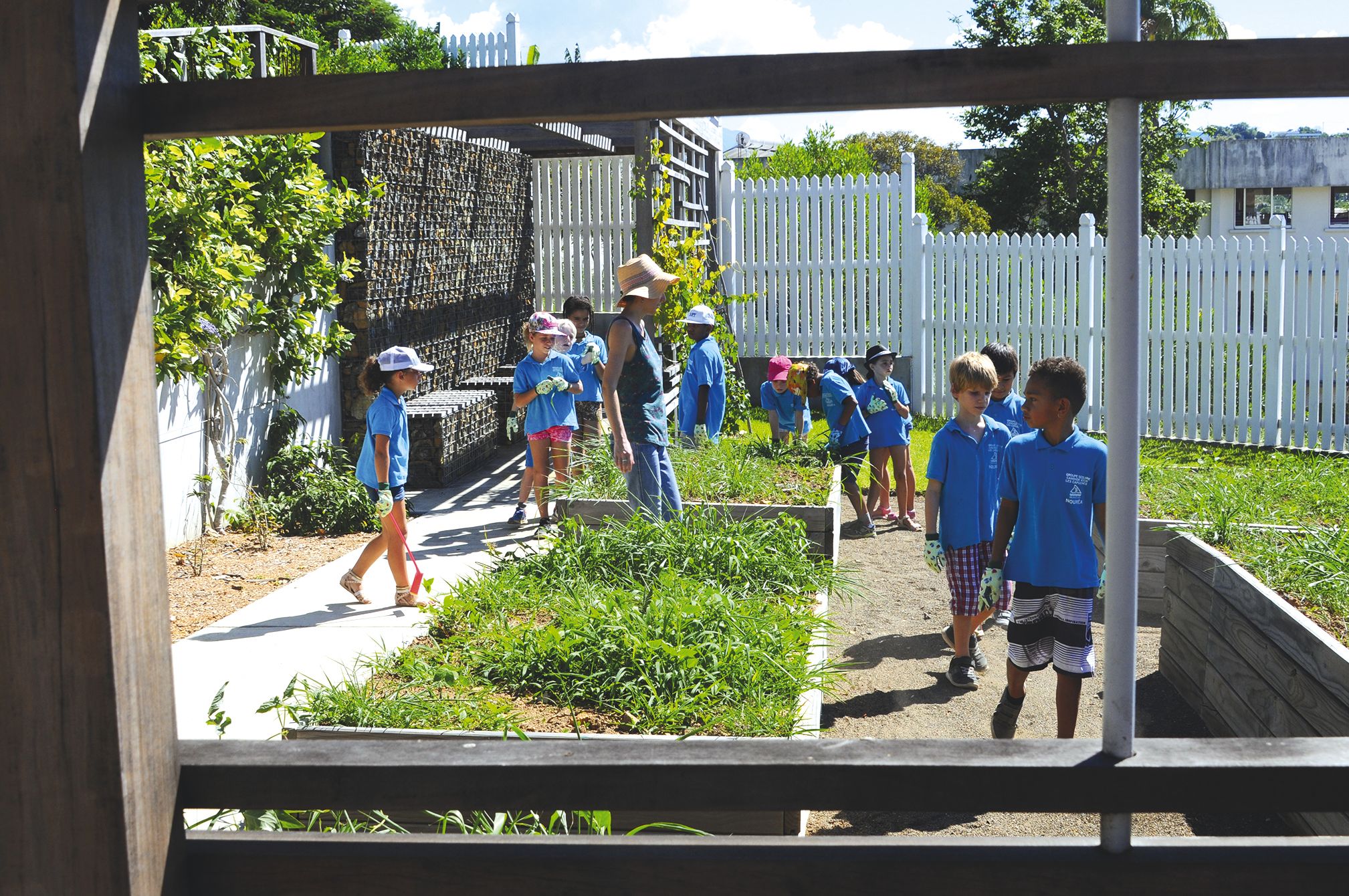 Répartis par groupe, les enfants découvrent les jardinières qu’ils vont utiliser, situées en contrebas du domaine.