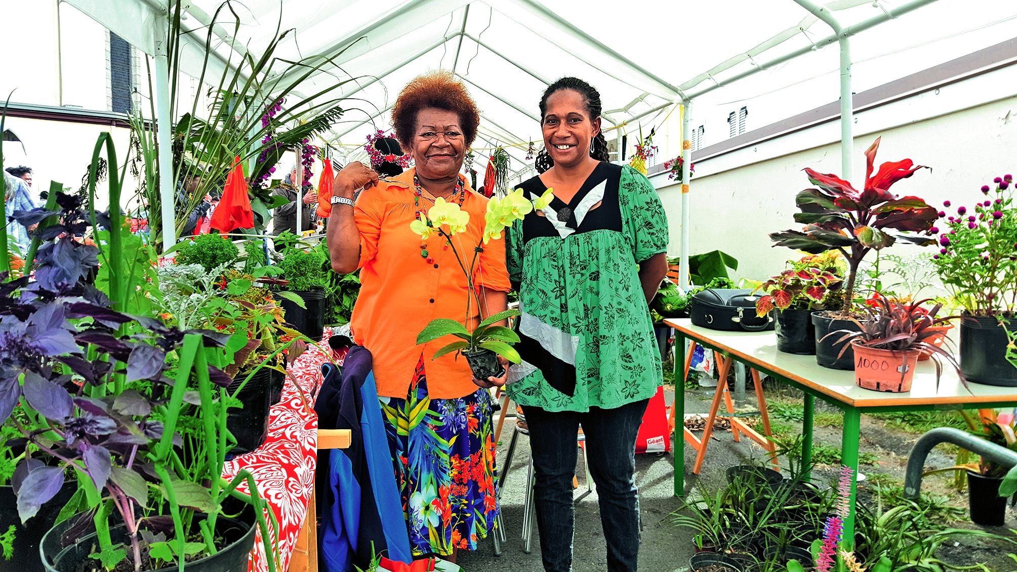 Judith, à gauche, et Yasmina, tiennent le stand de plantes. « Tout ce qu’on vend provient des dons », précise Judith. Photo A.-C.P.