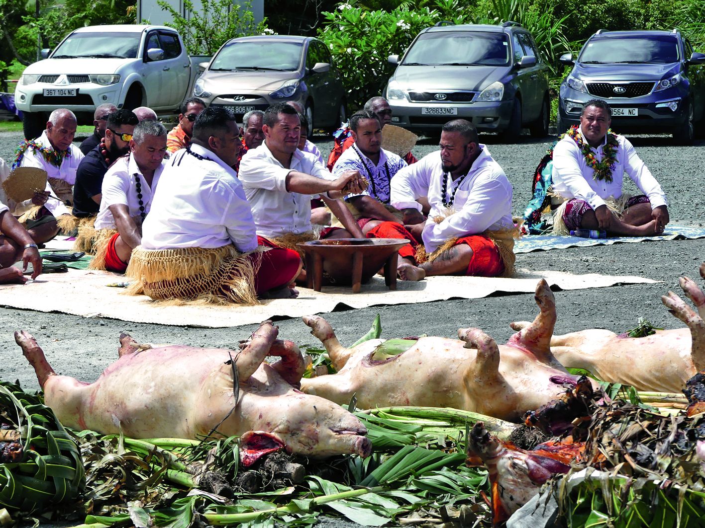 Après la cérémonie du kava et les discours, la journée s’est poursuivie par le partage de cochons, un repas et des danses.