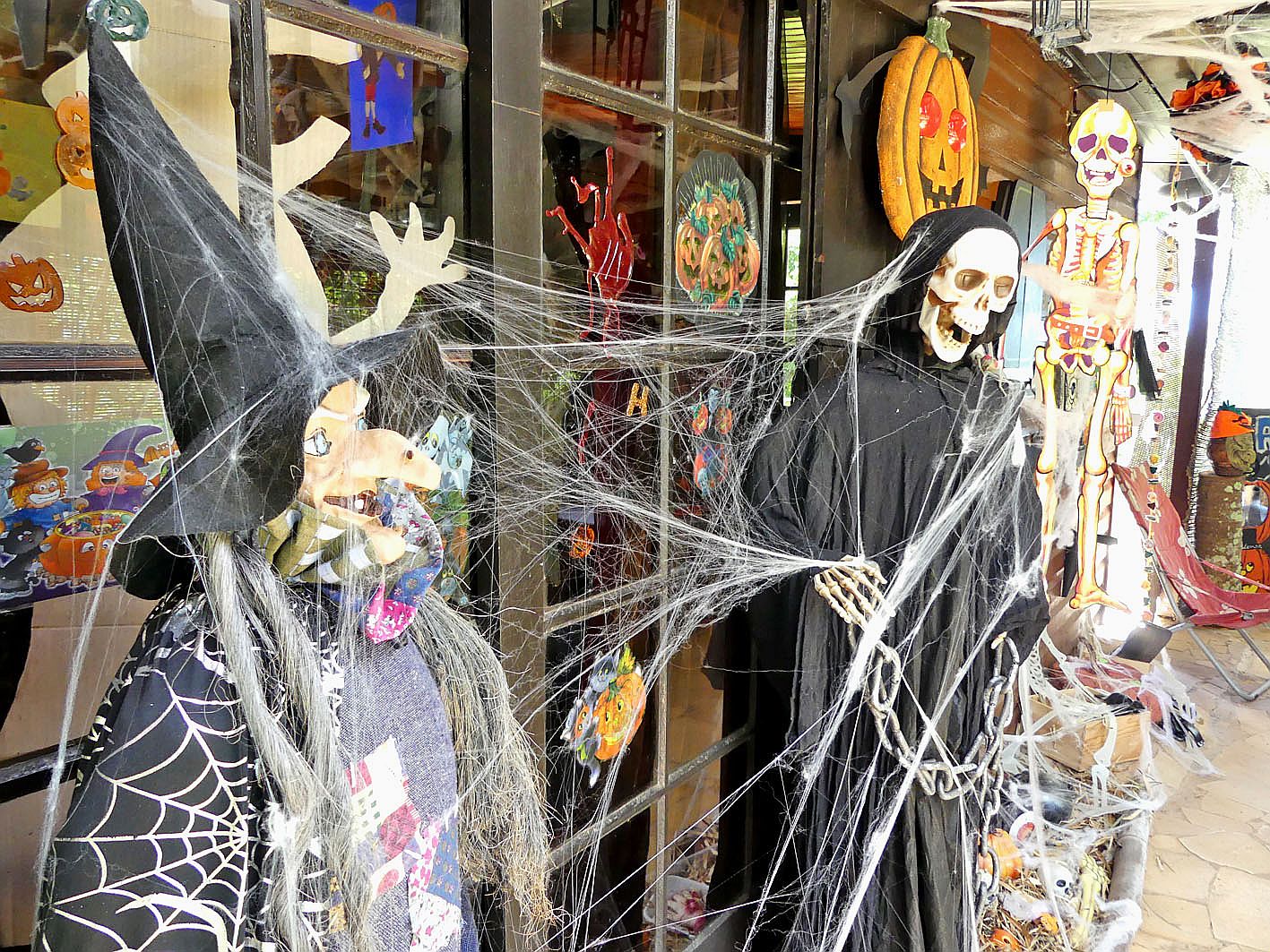 Chaque année, Anne-Marie se décarcasse pour apporter des retouches à ses décors. Sorcières, fantômes et chauves-souris sont omniprésents. Photo DR