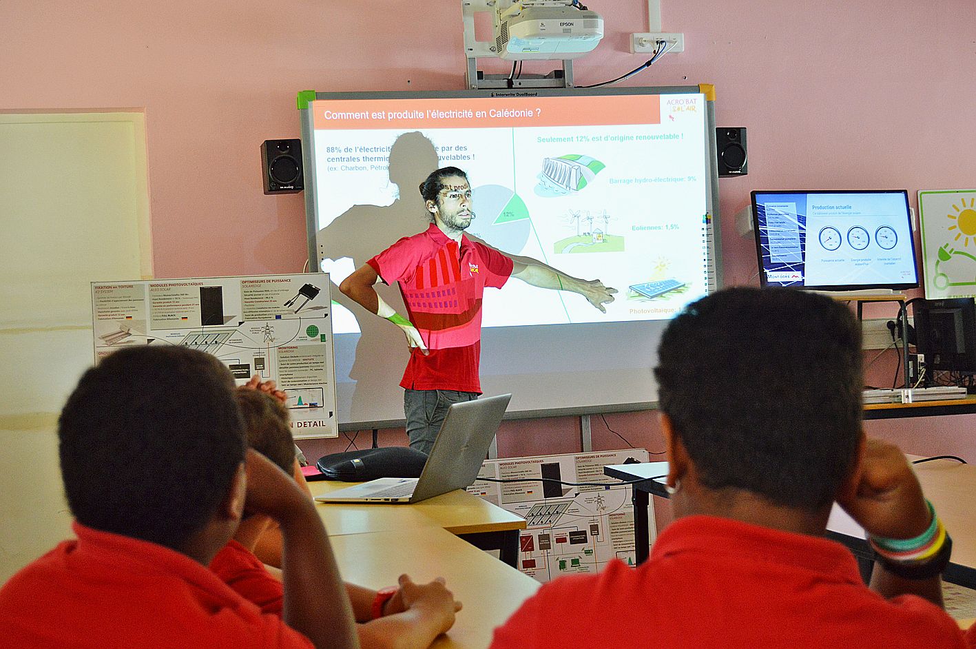 Jérémy, ingénieur d’études à Acro’Bat Sol’Air, a notamment sensibilisé les élèves aux énergies renouvelables. Photo F.L.