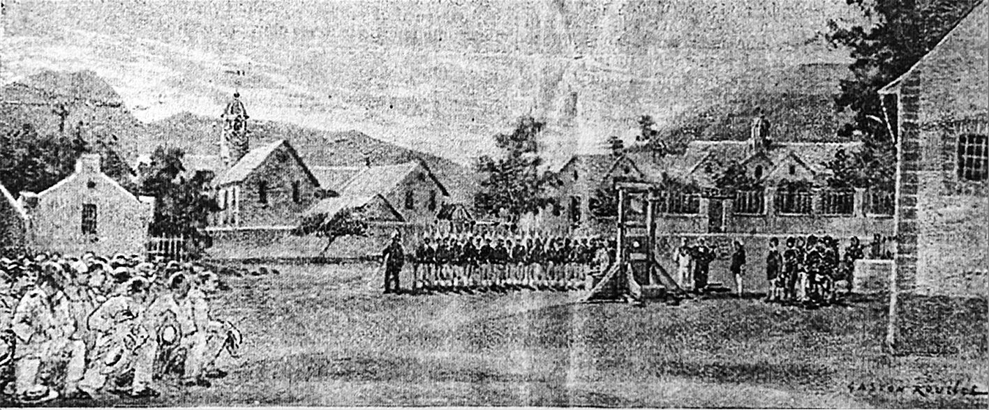 Des dessins d’archives étaient répartis le long du parcours. Celui-ci, de Gaston Roullet, paru dans Le Figaro littéraire,  en 1890, représente l’exécution d’un forçat à l’île Nou.  Le bourreau Charles Macé se tient près de l’échafaud. Photo Atup