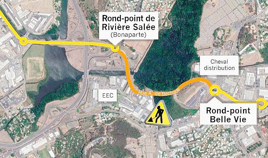 La portion de route concernée se situe entre les deux ronds-points Bonaparte et Rabot. Infographie province Sud