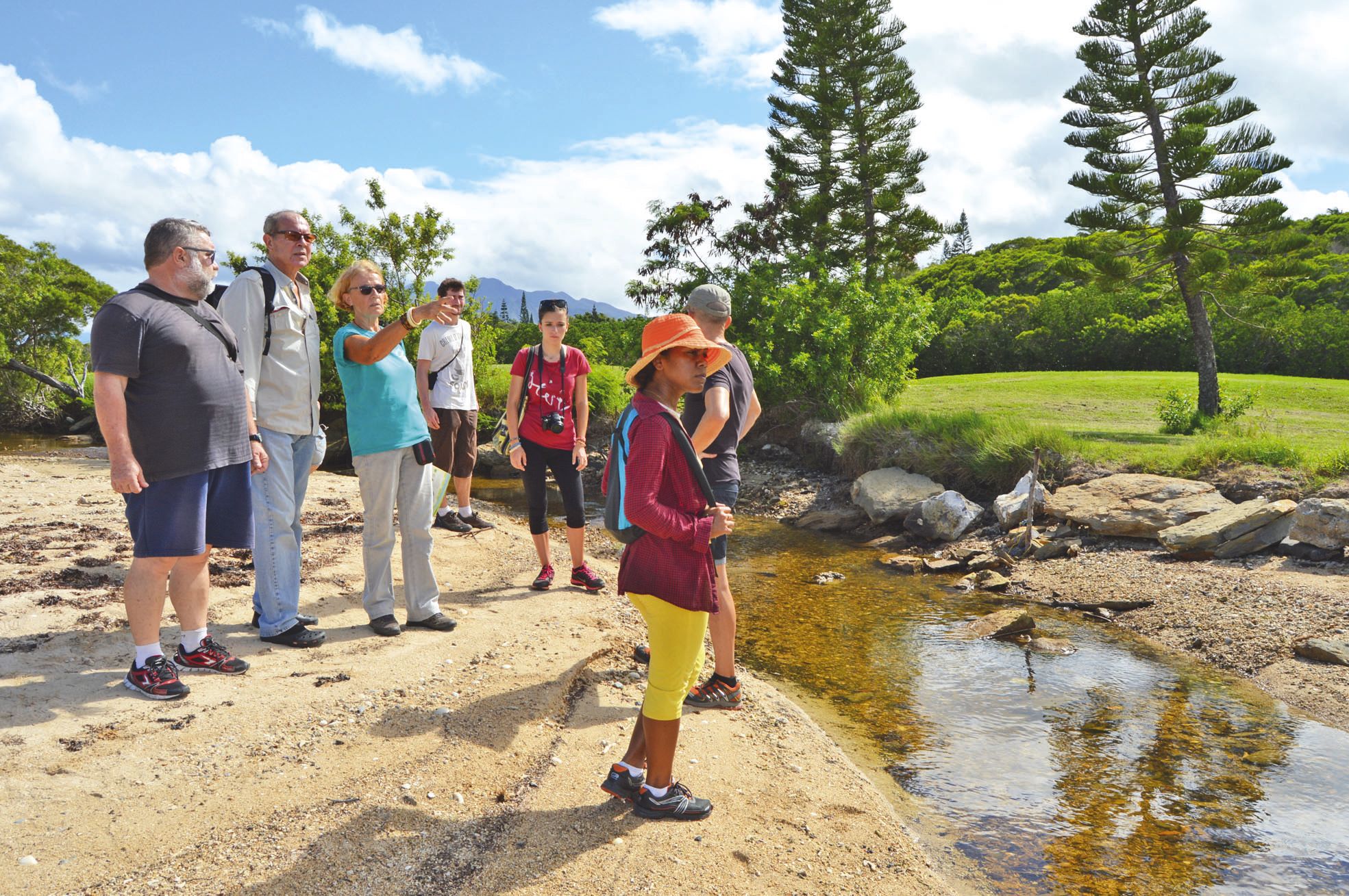 Nouméa, le 5 samedi mars. Monik Lorfanfant, présidente de SOS Mangroves (tee-shirt bleu), montre le chenal,victime d'un ensablement chronique, qui empêche d'eau d'irriguer la mangrove.