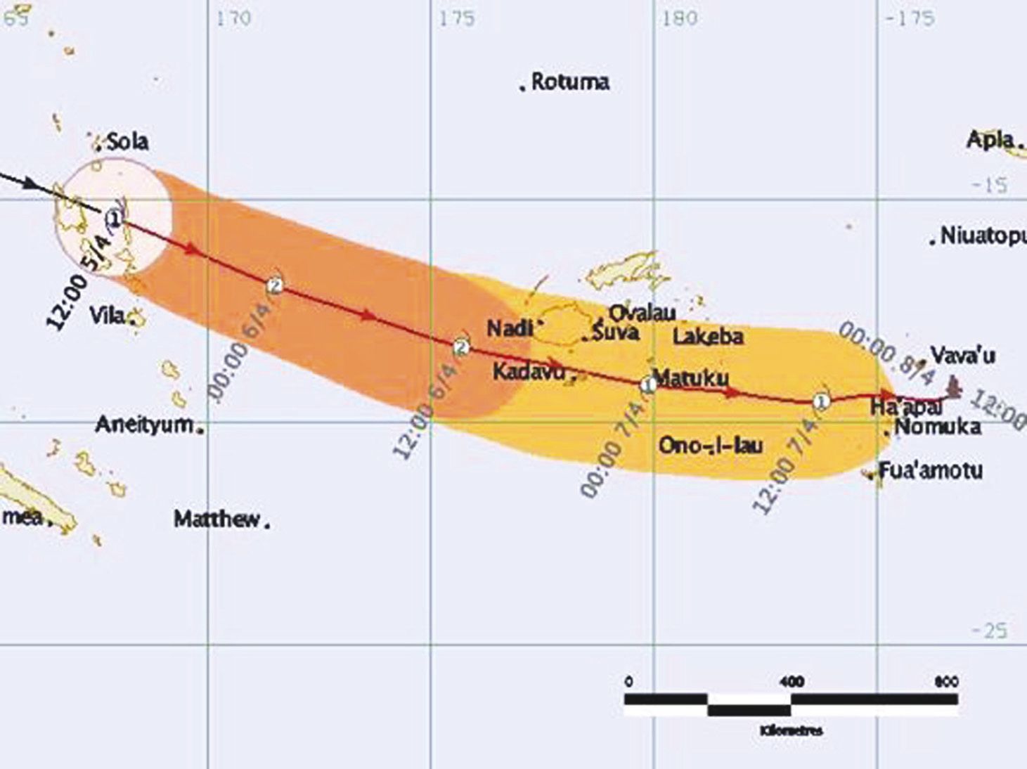 La trajectoire estimée de Zena, publiée hier matin par le  gouvernement fidjien. Le cyclone est passé en catégorie 3.