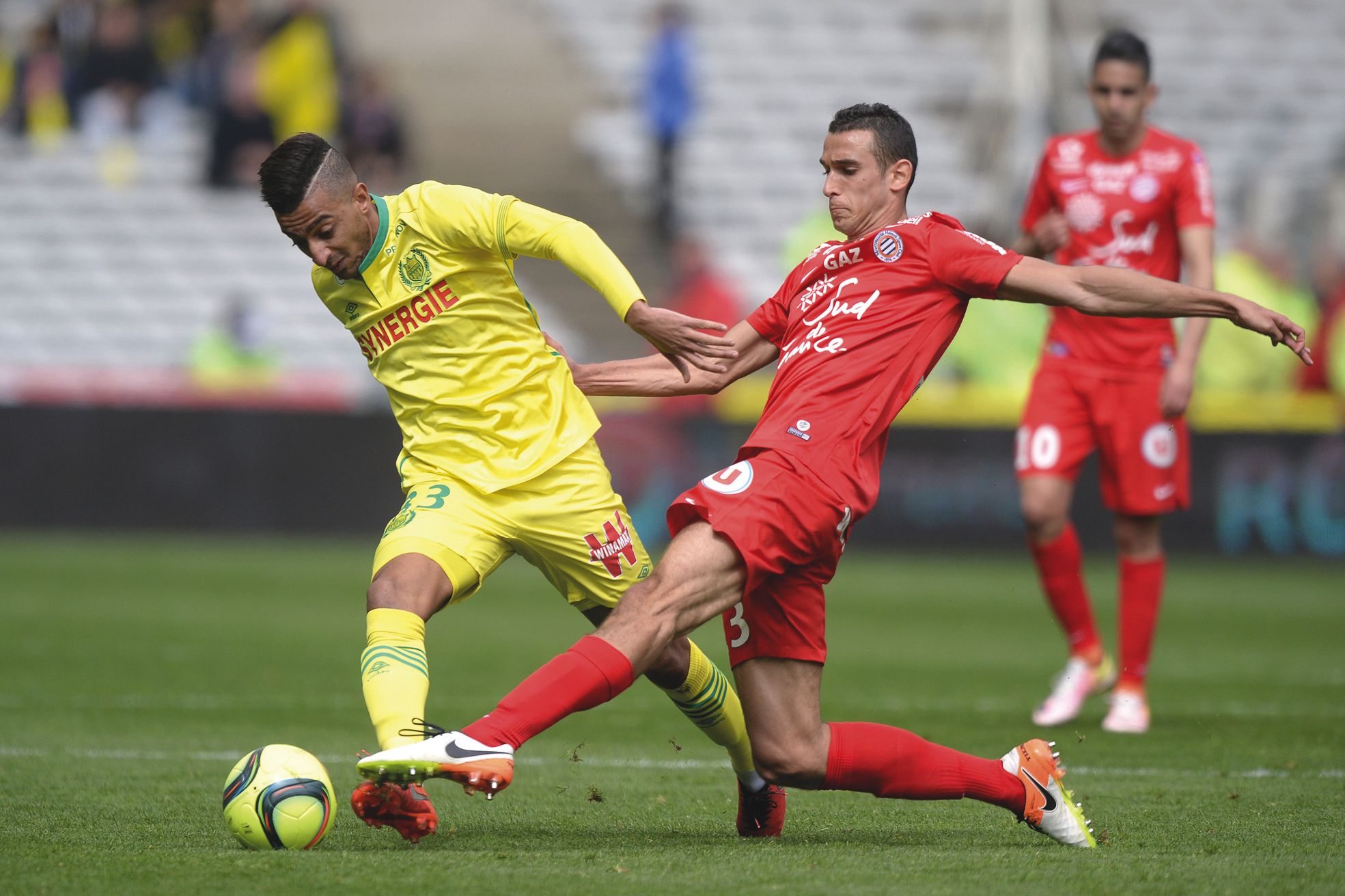 Nantes, hier. Plus tôt dans l'après-midi, Montpellier (ici en rouge), à la lutte pour le maintien s'était offert un bol d'air frais en s'imposant à Nantes (2-0).